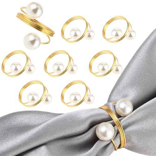 Mabor 8 Stück Serviettenring Gold Matt Stoffservietten Ringe Doppelt Perlen Metall Serviettenring für Dining Jubiläum Geburtstag Weihnachten Kerzenlicht Bankett Hochzeit Dekoration von Mabor