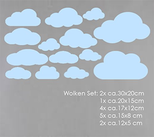 MacDecal.de Wolken Set 16x Wolke Wandtattoo Wandaufkleber Sticker Aufkleber Wand Himmel Baby (Wolkenset 16 Teilig, Babyblau) von MacDecal.de