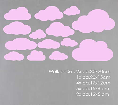 MacDecal.de Wolken Set 16x Wolke Wandtattoo Wandaufkleber Sticker Aufkleber Wand Himmel Baby (Wolkenset 16 Teilig, Rosa) von MacDecal.de