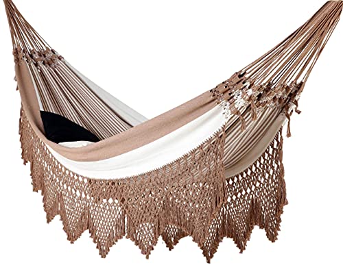 Brasil Deluxe Familienhängematte beige-weiß mit Macrame-Rand aus Baumwolle original Brasilien von MacaMex