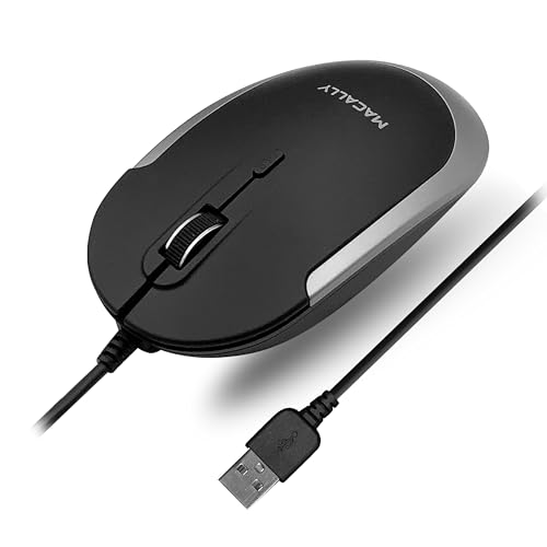 Macally Leise, kabelgebundene Maus, schlanke und kompakte USB-Maus für Apple Mac oder Windows PC / Laptop / Desktop – entworfen mit optischem Sensor und DPI-Schalter, einfache und bequeme Maus mit Kabel, Grau von Macally