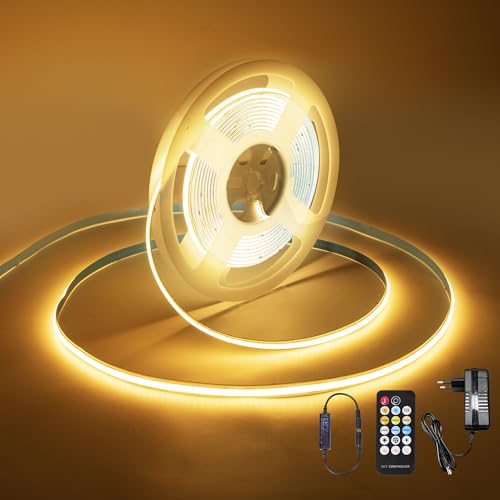Macchiatto COB LED Streifen, 5m LED Streifen Band Selbstklebend mit Fernbedienung,einstellbare Farbtemperatur COB LED Stripes Flexible Anwendung in TV-Hintergrundbeleuchtung, Schlafzimmer, Küche von Macchiatto