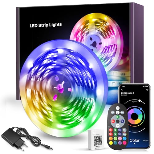 Macchiatto LED Strip 10m, LED Band 10m RGB Bluetooth LED Streifen mit Fernbedienung und APP, Selbstklebend Musik Sync Beleuchtung für Zimmer Party von Macchiatto