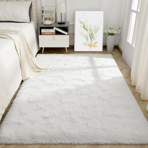 Macgace Flauschiger Teppich für Schlafzimmer, Dekoration, ästhetisch, 7,6 x 12,7 cm, weißer Zottelteppich mit rutschfesten Punkten für Wohnzimmer, flauschiger Plüschteppich, waschbarer Teppich, von Macgace