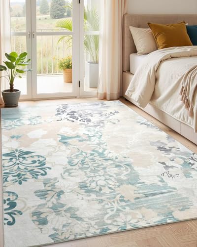 Macgace Waschbarer abstrakter Teppich, 12,7 x 17,8 cm, elfenbeinfarben und aquamarinblau, mit rutschfester Gummi-Rückseite, moderner Überwurf, Teppich, Küche, Wohnzimmer, Dekoration von Macgace