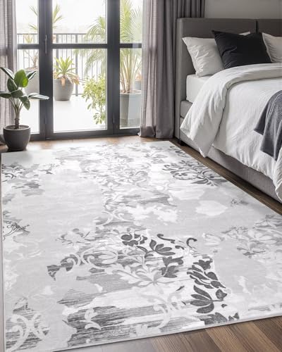 Macgace Waschbarer abstrakter Teppich, 12,7 x 17,8 cm, klassisches graues und weißes Blumenmuster, mit rutschfester Gummi-Rückseite, für Schlafzimmer, niedriger Flor, moderner Überwurf, Küche von Macgace
