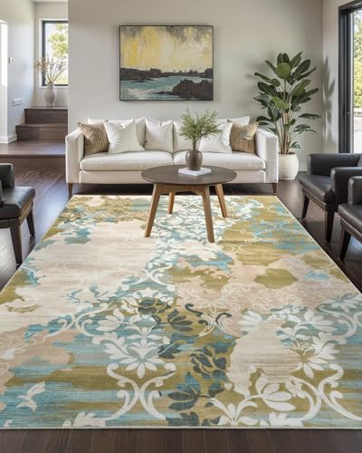Macgace Waschbarer abstrakter Teppich, 22,9 x 30,5 cm, Weidengrün und Blau, Blumenmuster, Teppiche mit rutschfester Gummi-Rückseite, für Wohnzimmer, niedriger Flor, moderner Überwurf, Schlafzimmer von Macgace