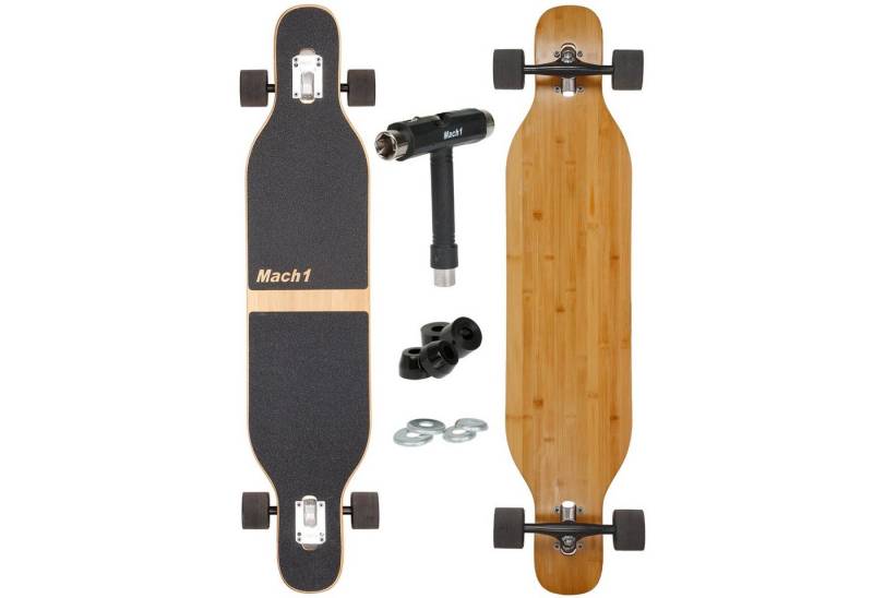 Mach1 Longboard aus Bambus mit Keramik Kugellager - Camber Drop Through Cruiser Board (Spar-Set inkl. T-Tool und extra Bushings, Longboard + T-Tool + 4er Set 85A Bushings), Twin Tip von Mach1