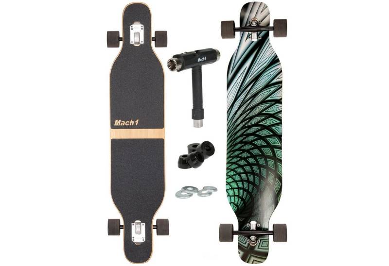 Mach1 Longboard aus Bambus mit Keramik Kugellager - Camber Drop Through Cruiser Board (Spar-Set inkl. T-Tool und extra Bushings, Longboard + T-Tool + 4er Set 85A Bushings), Twin Tip von Mach1