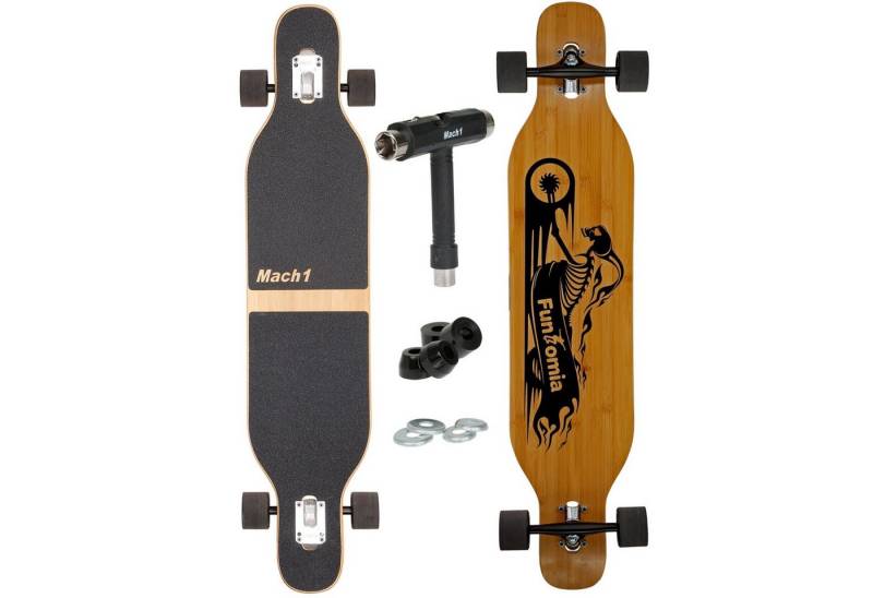 Mach1 Longboard aus Bambus mit Keramik Kugellager - Camber Drop Through Cruiser Board (Spar-Set inkl. T-Tool und extra Bushings, Longboard + T-Tool + 4er Set 85A Bushings), Twin Tip von Mach1
