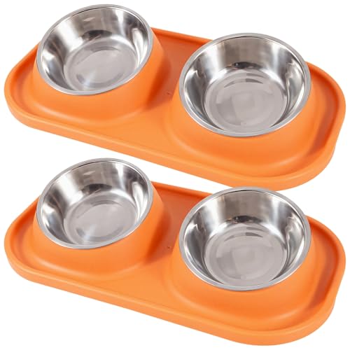 Doppelter Futternapf aus Edelstahl für Hunde und Katzen mit auslaufsicherer Silikonmatte, orangefarbener Boden, 15,9 x 8,7 x 3,1 cm von Machify
