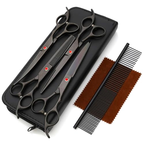 Machify Gebogene gerade Schere für Hunde, 7-teilig, mit Kamm und Reißverschlusstasche von Machify