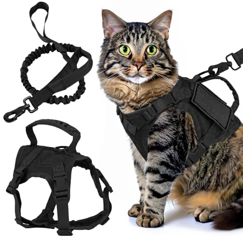 Weiche Netzpolsterung mit taktischem Katzengeschirr, verstellbares Katzengeschirr mit Kontrollgriff, Schwarz und Leine mit verstellbaren Riemen von Machify
