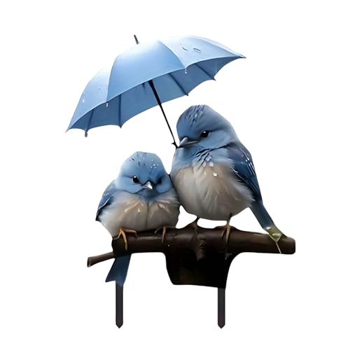 Spring Yard Stakes | 2D Acryl Flacher Raseneinsatz | Blauer Vogel mit Regenschirm Schild Pflanzenstecker für Rasen Terrasse Hinterhof Garten Weg Blumentopf von Maciun
