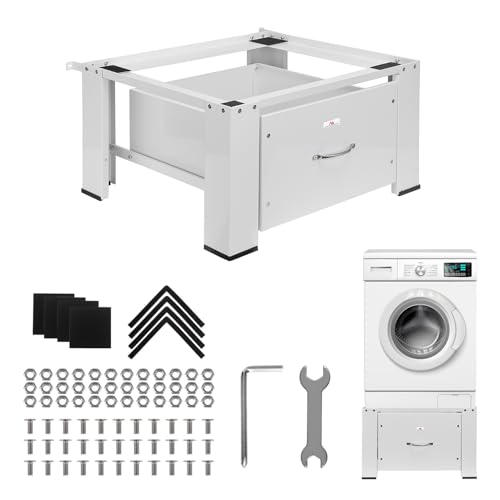 Maclean MC-117 W Waschtrocknersockel mit Schublade Weiß | Sockel für Waschmaschine & Trockner | Stahl Konstruktion 150 kg Tragkraft | Ergonomisch, Rutschfest, Stauraum, Modernes Design von Maclean