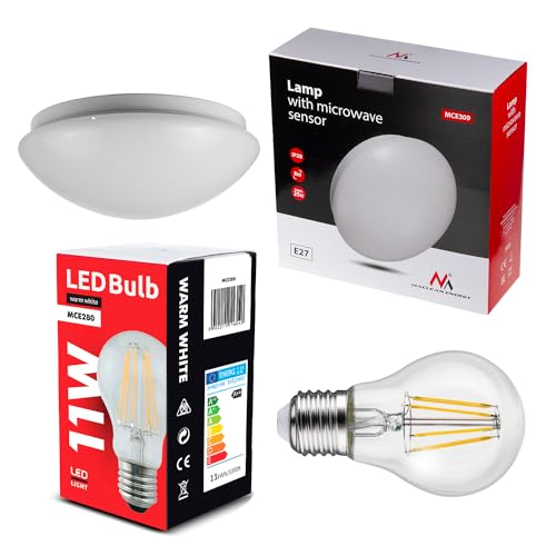 Maclean MCE309 Deckenleuchte mit Mikrowellensensor 5.8GHz und Dämmerungssensor, Ink. LED Glühbirne 11W, max. 1x 25W E27, IP20, 360° Erfassungsbereich, Erfassungsreichweite bis 8m von Maclean