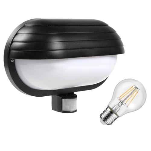 Maclean MCE33 Außen Wandleuchte mit LED Leuchtmittel, PIR Bewegungssensor 180° bis 9m und Dämmerungssensor, Garten Lampe Lampenfassung Lampenhalter E27 (Schwarz, Wandleuchte + 11W LED Leuchtmittel) von Maclean