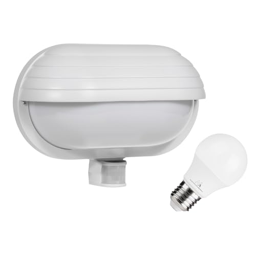 Maclean MCE33 Außen Wandleuchte mit LED Leuchtmittel, PIR Bewegungssensor 180° bis 9m und Dämmerungssensor, Garten Lampe Lampenfassung Lampenhalter E27 (Weiß, Wandleuchte + 9W LED Leuchtmittel) von Maclean