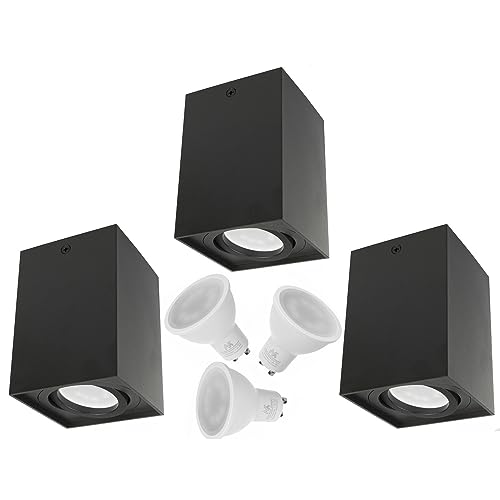 Maclean MCE426 B Deckenaufbauleuchte 3-er Pack mit GU10 Fassung für LED & Halogen Leuchtmittel Aufputz Schwenkbar Aluminium (Schwarz, 3 Stück - Eckig Inkl. Leuchtmittel 5W Neutralweiß) von Maclean