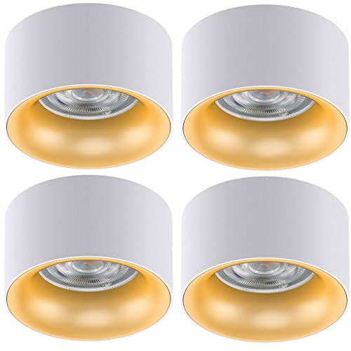 Maclean MCE457 Einbauleuchte 4-er Pack Deckenleuchte 7W 490 Lumen 3000K Warmweiß GU10 Fassung für LED 70x40mm Einbaustrahler Aluminium Rund (4 Stück, Weiß/Goldener Reflektor) von Maclean