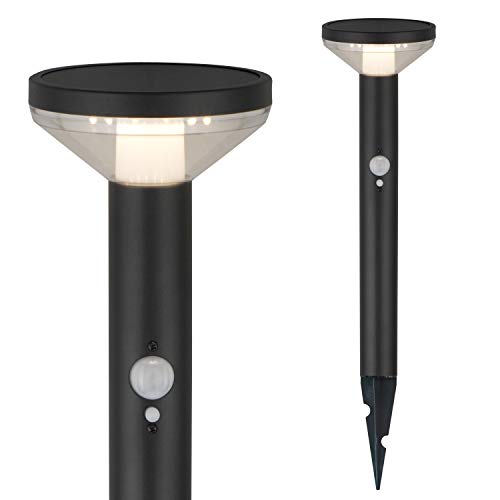 Maclean Solar LED-Leuchte – 3 Modi, Bewegungssensor, IP44, 220 Lumen, 4000K, Li-Ion Akku, Gartenbeleuchtung mit Erdspieß (Schwarz, 1 Stück) von Maclean