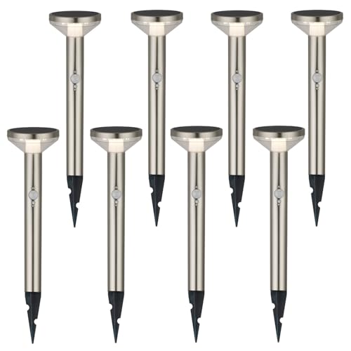 Maclean Solar 8er Pack LED-Leuchte – 3 Modi, Bewegungssensor, IP44, 220 Lumen, 4000K, Li-Ion Akku, Gartenbeleuchtung mit Erdspieß (Chrom matt, 8 Stück) von Maclean