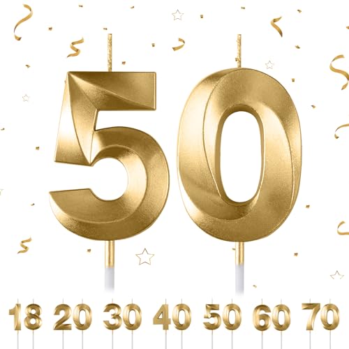 Geburtstagskerzen Zahlen 50,3D Gold Geburtstagskerzen,Kerzen Geburtstag Zahl 50, Kuchen Topper Dekoration Kuchendeko Geburtstag, Geburtstagskerzen für Geburtstagsdeko von Maclunar