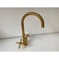 Schwanenhals-Badezimmer-Wasserhahn Aus Massivem Messing, Unlackierter Messing-Wasserhahn Mit Einfachen Kreuzgriffen, Küchen-Waschtisch-Wasserhahn von Macopperofficial