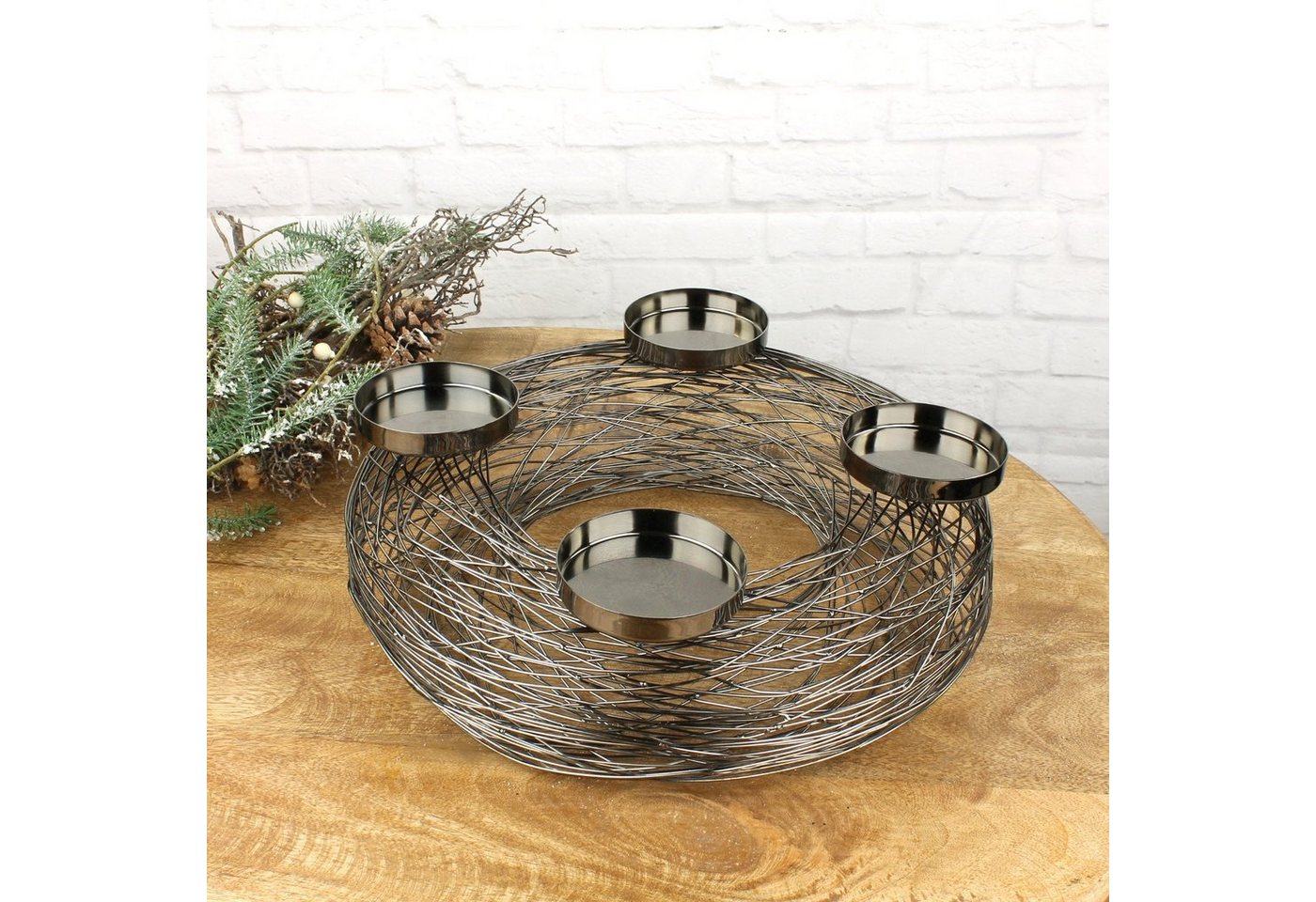 Macosa Home Adventskranz Kerzenhalter Tischdeko Advent Weihnachtsdeko Metallkranz Drahtkranz, Adventskranz grau anthrazit Metall 37cm modern Adventsgesteck von Macosa Home