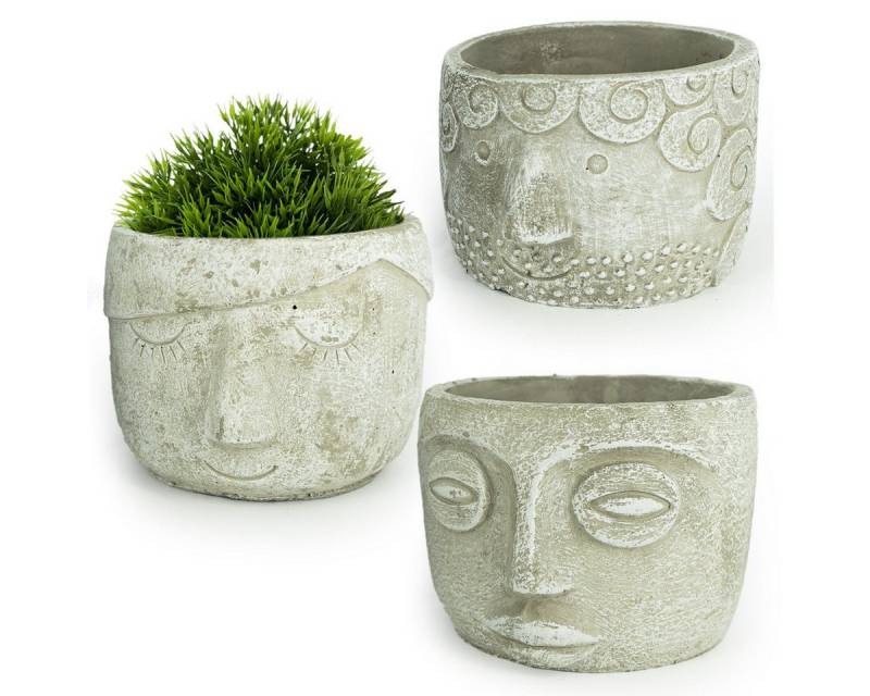Macosa Home Blumentopf Deko Pflanztöpfe 3er Set Gesicht Zement rund Grau (Hellgrau oder Dunkelgrau, Pflanzgefäß Dekotopf Gefäß), modern Garten-Dekoration Blumenübertopf Pflanztopf von Macosa Home