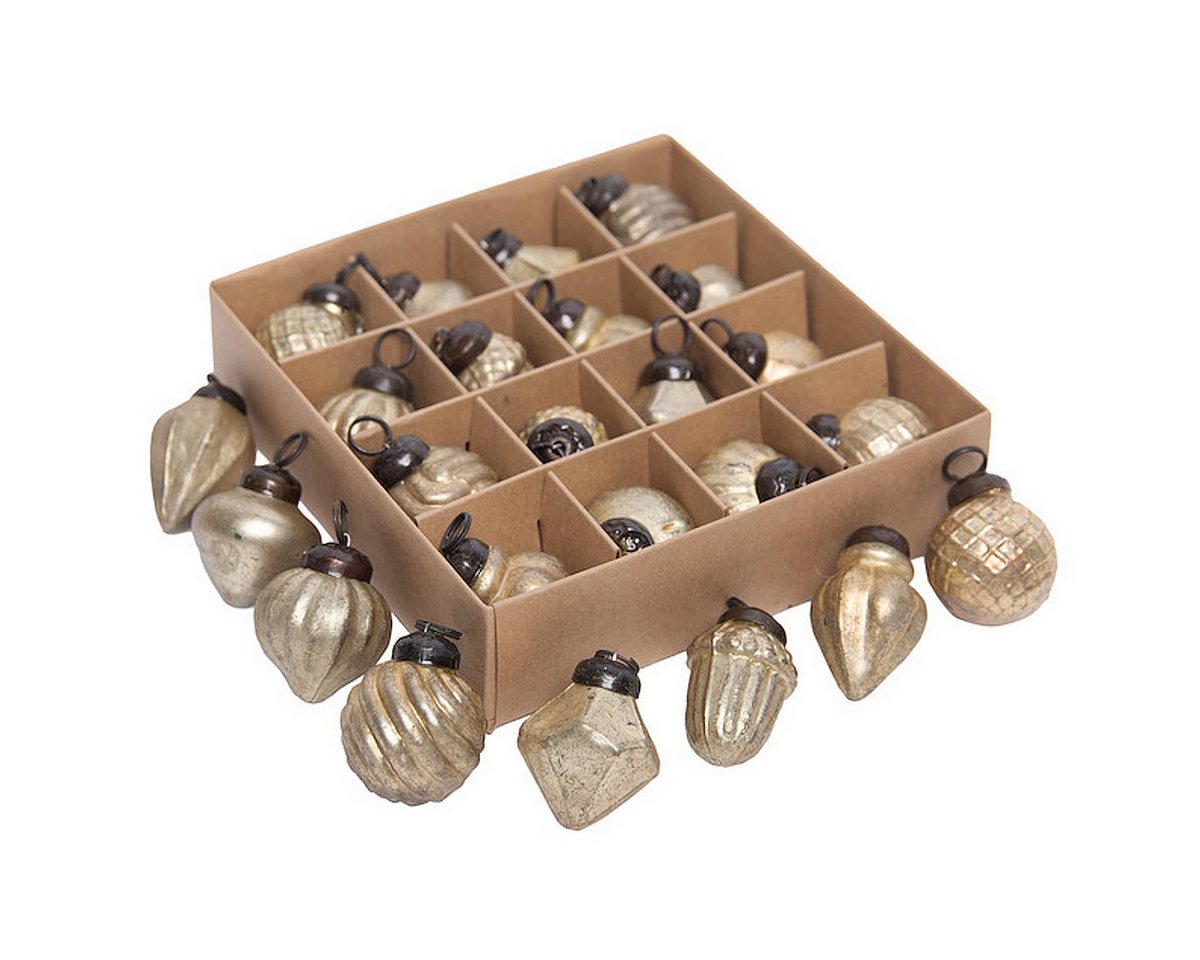 Macosa Home Christbaumschmuck 16er Set Weihnachtskugeln 3,5 cm Antikgold Antikgrün od. Antiksilber, Vintage Deko Glas & Metall Mini Christbaumkugeln in Box von Macosa Home