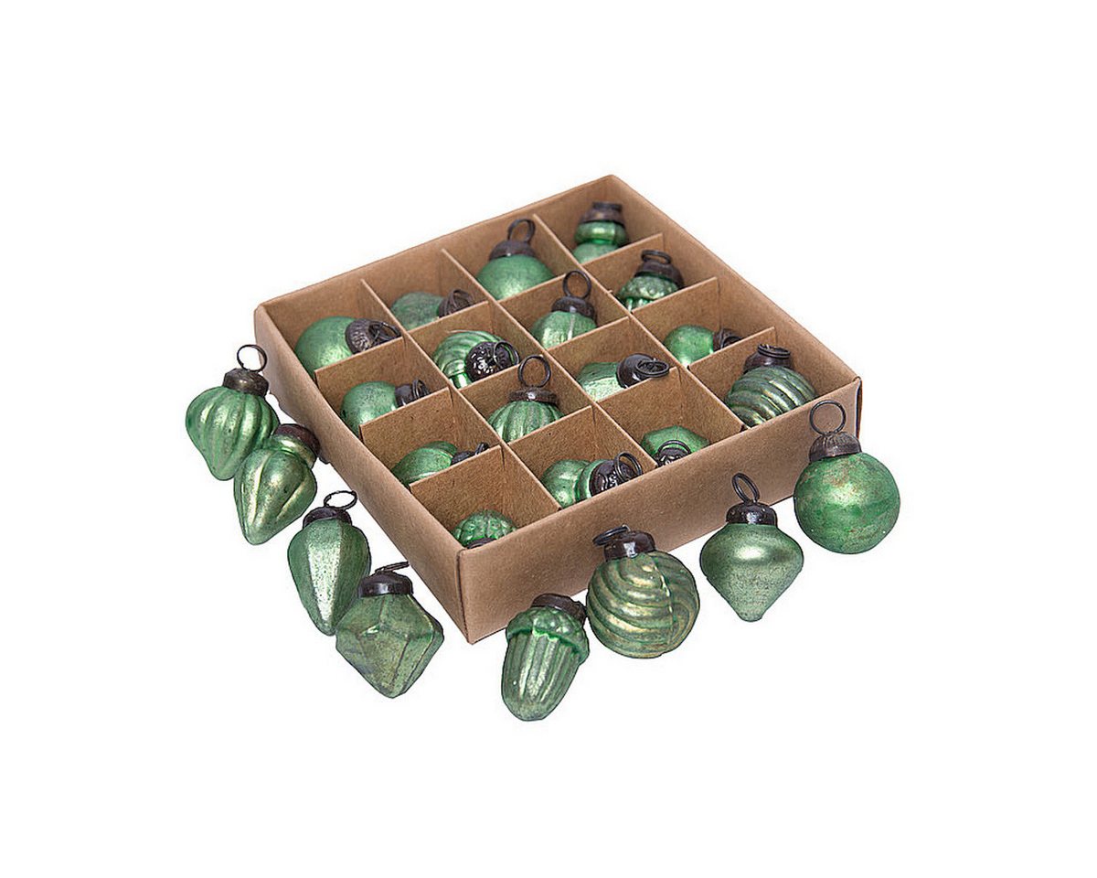 Macosa Home Christbaumschmuck 16er Set Weihnachtskugeln 3,5 cm Antikgold Antikgrün od. Antiksilber, Vintage Deko Glas & Metall Mini Christbaumkugeln in Box von Macosa Home