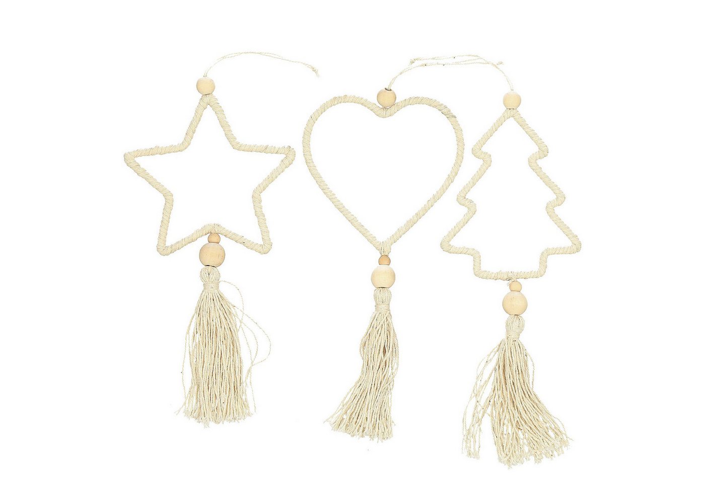 Macosa Home Dekohänger Weihnachtsdeko 3er Set Tannenbaum Herz Stern (Winterdeko Tannenbaumschmuck Christbaum Deko, Hängedekoration Weihnachten Winter), Draht Textil Naturfarben Christbaumschmuck Dekohänger von Macosa Home