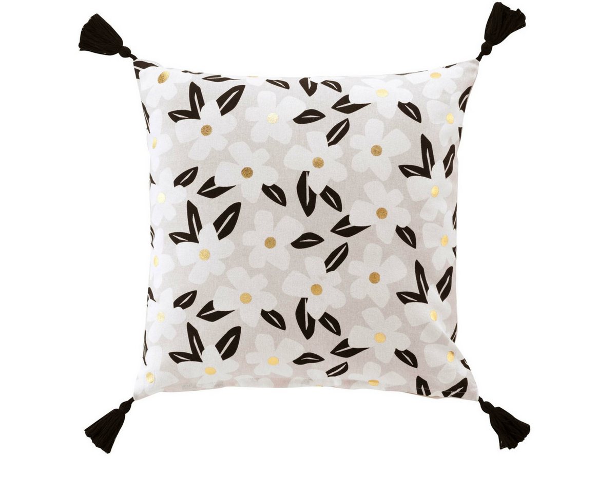 Macosa Home Dekokissen Kissen Baumwolle 45 x 45 cm vers. Blumenmuster Beige Schwarz, Quasten Baumwolle mit Reißverschluss inkl. Füllung von Macosa Home