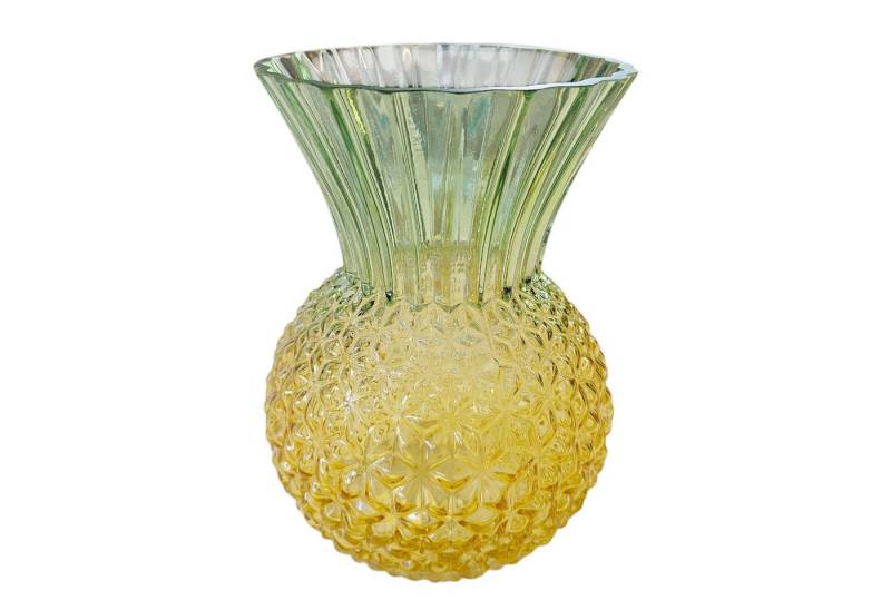 Macosa Home Dekovase Deko Glasvase Ananas Design 22 cm Gelb Grün Farbverlauf (Sommer Tischdeko Terrasse, modern für Wohnzimmer Küche Esstisch Fensterbank), Vase rund strukturiert Glas Blumenvase von Macosa Home