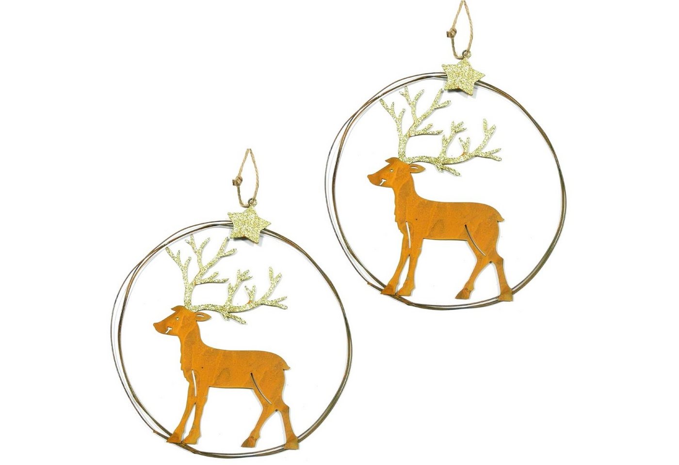 Macosa Home Hängedekoration Fensterdeko Dekohänger Weihnachten Winterdeko (16 cm Türdeko Advent, 2 St., Hirsch Geweih), 2er Set Deko-Rentier Gold Rost zum hängen Metall Weihnachtsdeko von Macosa Home