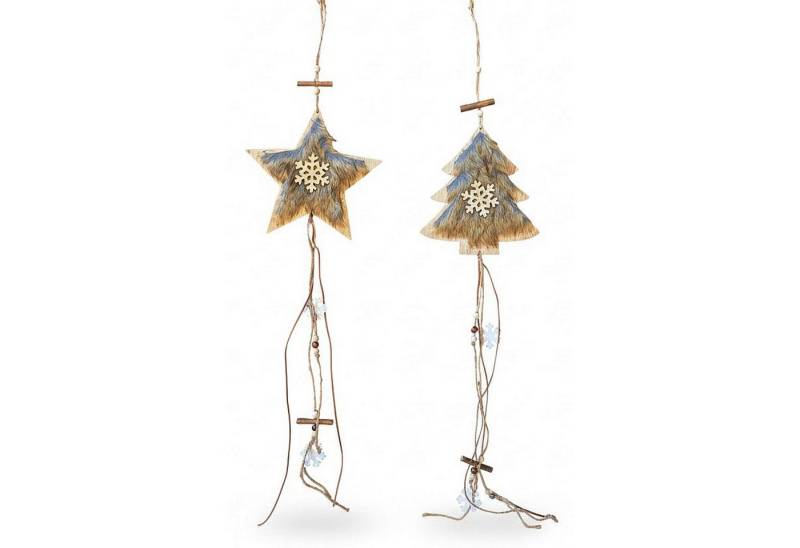 Macosa Home Hängedekoration Weihnachtsdeko 2er Set Tannenbaum Stern Holz Fell (Christbaum Deko, Winter Winterdeko Tannenbaumschmuck), Christbaumschmuck Dekohänger Weihnachten von Macosa Home