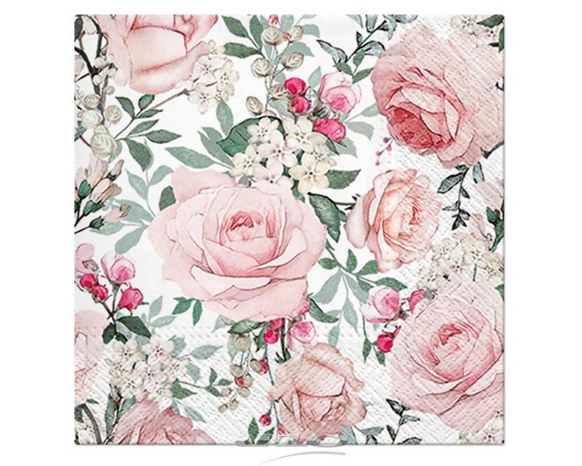 Macosa Home Papierserviette Papierservietten Rosen 33 cm od. 25 cm Einwegservietten Servietten, (Blumen Muster, Cocktailservietten Partyservietten Einweg), Motiv Grün Rosa Tisch-Deko Einwegservietten von Macosa Home