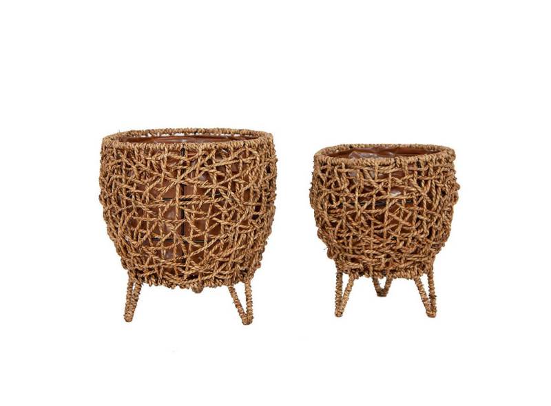 Macosa Home Pflanzschale Pflanztopf 2er Set Braun Naturfasern Pflanzgefäß mit Standfüßen (Naturfaserkorb Korbset Pflanztopfset, modern Blumengefäße Kräutertopf), Dekotopf Topf Indoor Blumentopf Dekotopf Gefäß von Macosa Home