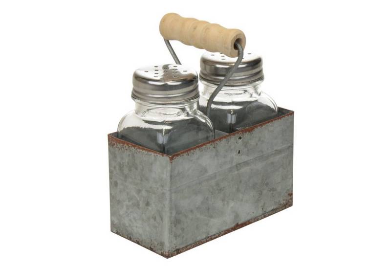 Macosa Home Salz- / Pfefferstreuer im Halter Metall Zink Silber Landhausstil, (Pfeffstreuer Salzstreuer Tischdeko), Zinkhalter mit Griff Rustikal Küchen Deko von Macosa Home