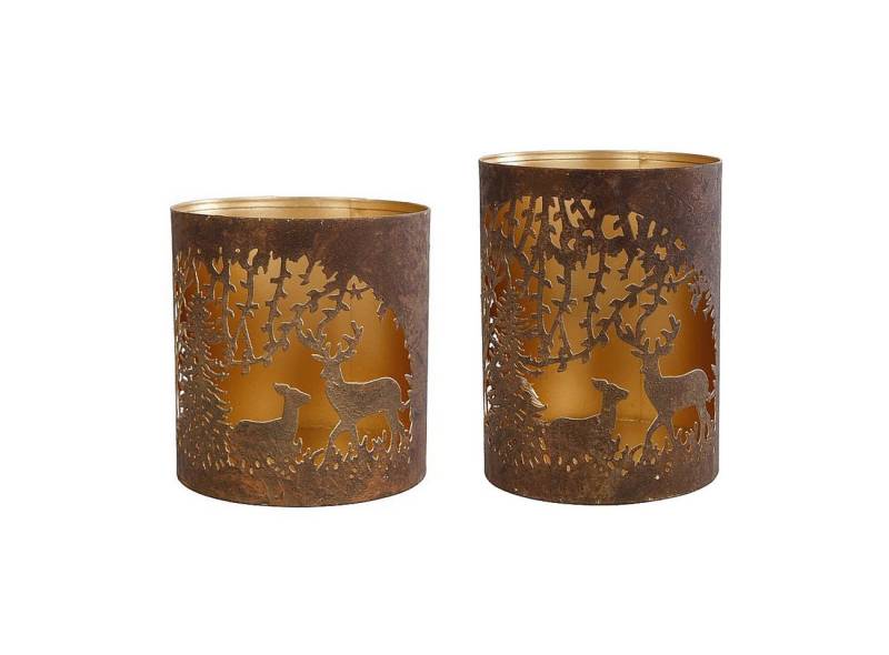 Macosa Home Teelichthalter Hirsch Metall Braun gold Rustikal Teelichtständer (Windlicht Tisch-Dekoration Kerzenhalter Teelicht-Halter), rund Deko Metallwindlicht Antikbraun von Macosa Home