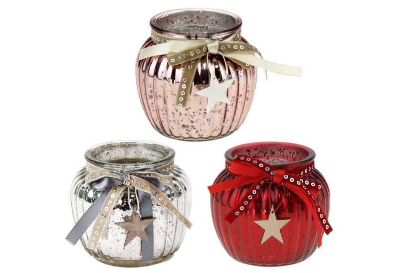 Macosa Home Windlicht Rot Silber Rosé Glas rund Teelichthalter Kerzenhalter Weihnachten, Tischdeko Advent mit Holzstern von Macosa Home