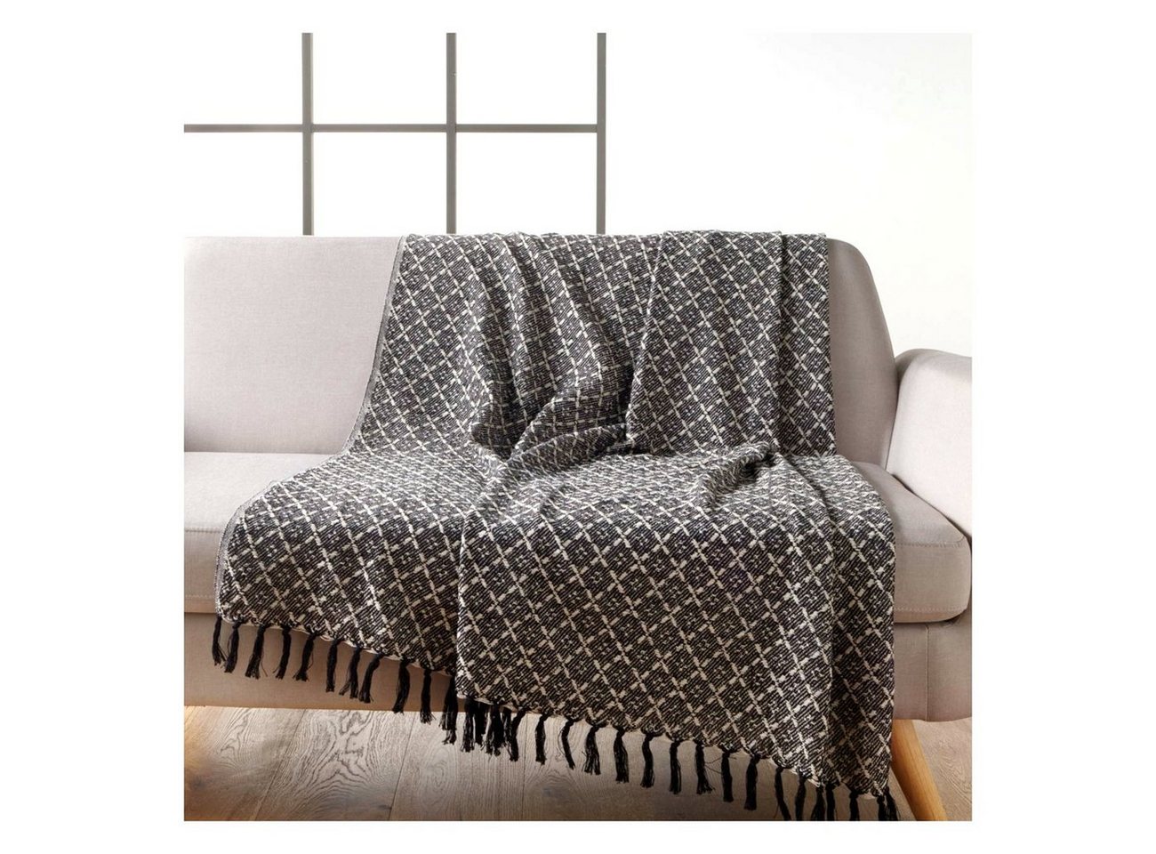 Plaid Fransen-Decke 150x125 cm Plaid Sofadecke schwarz weiß Baumwolle, Macosa Home, Designdecke Wolldecke Reisedecke von Macosa Home