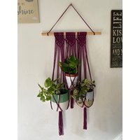 Lila Dreifacher Makramee Pflanzenhalter, Mehrere Wand Pflanze Wanddekor Aufhänger, Indoor Pflanzer, Zimmerpflanze Dekor von MacraMadeWithLoveUK