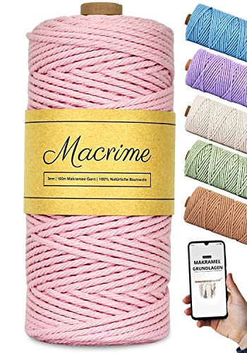 Macrime Premium Makramee Garn Rosa | 3mm x 100m | Anleitung/Ebook | 100% natürliche Baumwolle | 4 Stränge geflochtenes Baumwollgarn | DIY Macrame Garn zum Basteln von Macrime