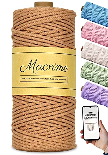 Macrime Premium Makramee Garn Ziegelrot 3mm x 100m + Anleitung/Ebook - 100% natürliche Baumwolle, 4-Fach gezwirntes Baumwollgarn - DIY Baumwollkordel zum Basteln von Macrime