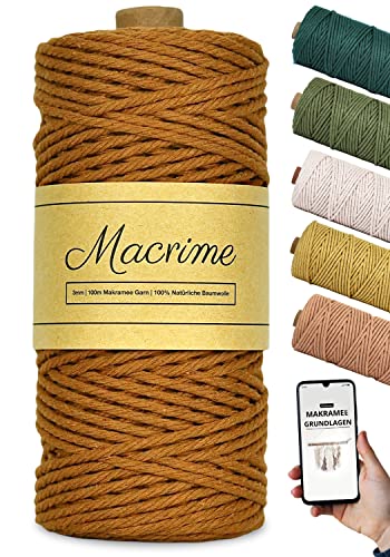 Macrime Premium Makramee Garn Karamell | 3mm x 100m | Anleitung/Ebook | 100% natürliche Baumwolle | 4 Stränge geflochtenes Baumwollgarn | DIY Macrame Garn zum Basteln von Macrime