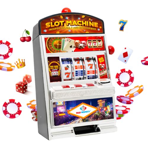 Slot Machine XL, Einarmiger Bandit im Spielautomat Design mit Licht und Sound, Geldspielautomat mit Lichtern, Münzautomat für Kinder und Erwachsene, Casino Automat für echtes Geld von Mad Monkey
