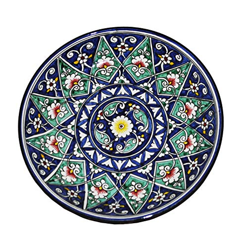 Madacha Rishtan Keramik-Teller, Durchmesser 24,5 cm, Motiv Blau (Rosetten), außen braun, Uzbekistan von Madacha