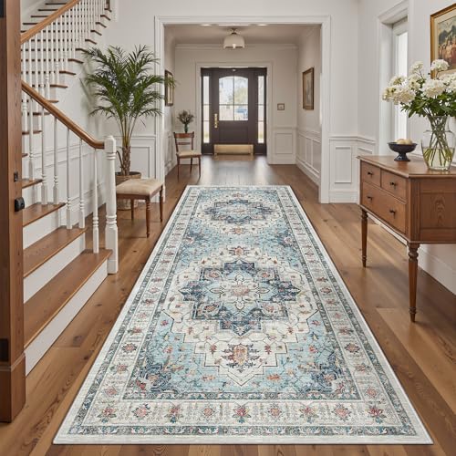 Madane Teppichläufer für Wohnzimmer, Schlafzimmer, schmutzabweisend, niedriger Flor, dünn, rutschfest, für Badezimmer, Esszimmer, 10 x 25 cm (Blau, 10 x 25 cm) von Madane